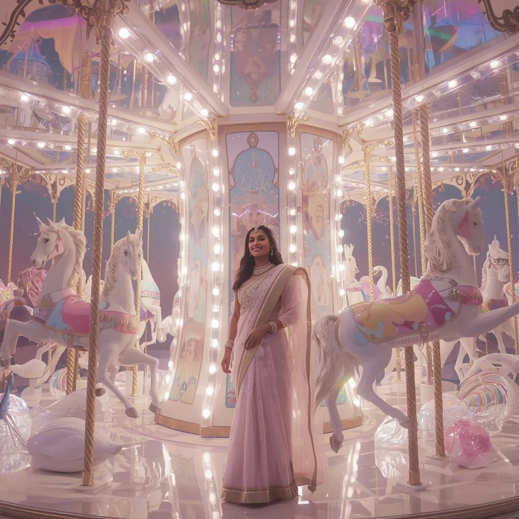 Festive Pastel Saree Floating Crystal Aurora Carousel Collage Cinematic | Ai Art Prompt