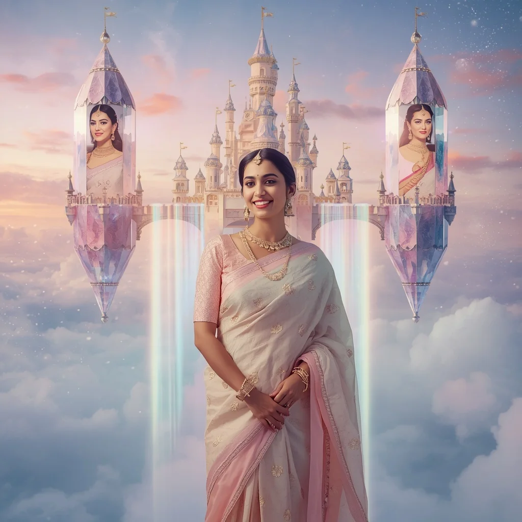 Festive Pastel Saree Floating Crystal Aurora Castle Collage Premium | Midjourney Prompt List