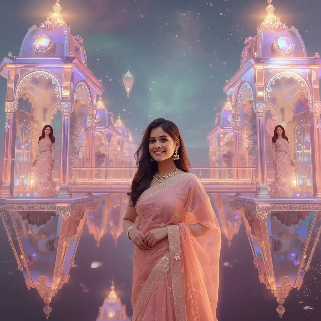 Festive Pastel Saree Floating Crystal Aurora Pavilion City Collage Premium | Prompt For Gemini AI Girl Trending