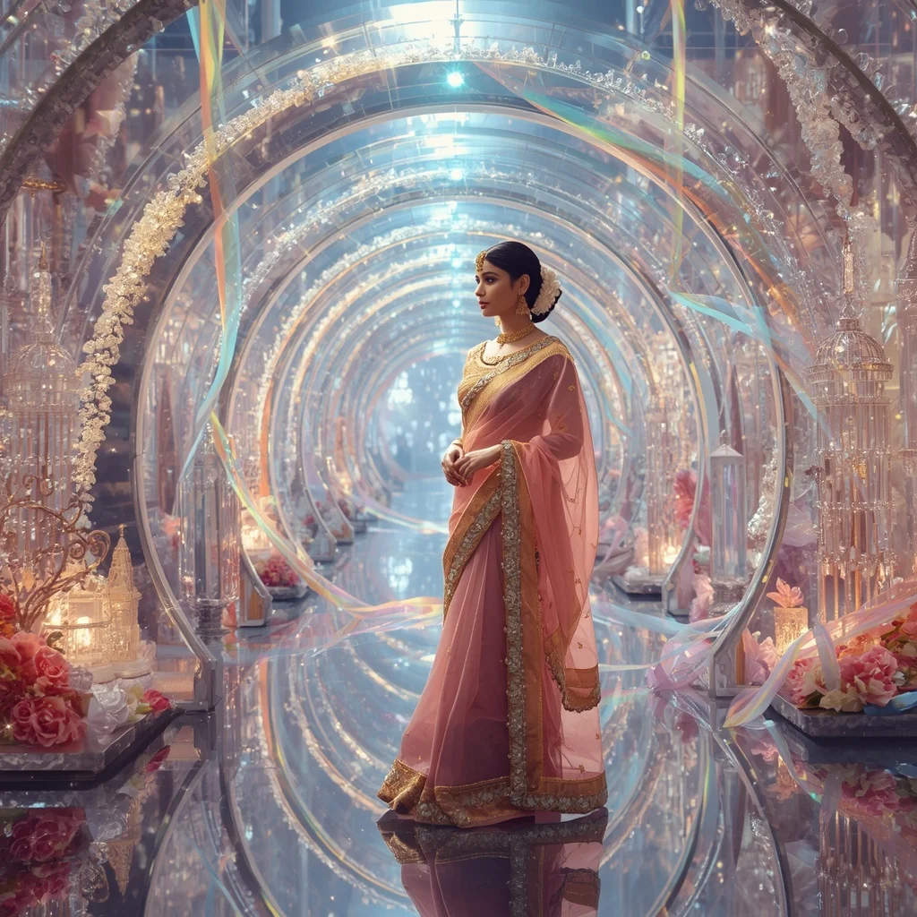 Festive Pastel Saree Floating Crystal Aurora Rainbow Kingdom Luxury | Prompt Seen Girl Photo Editing Trending