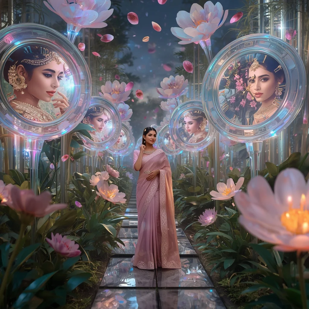 Festive Pastel Saree Floating Crystal Clock Garden Collage Luxury | Girl Photo Prompt Gemini