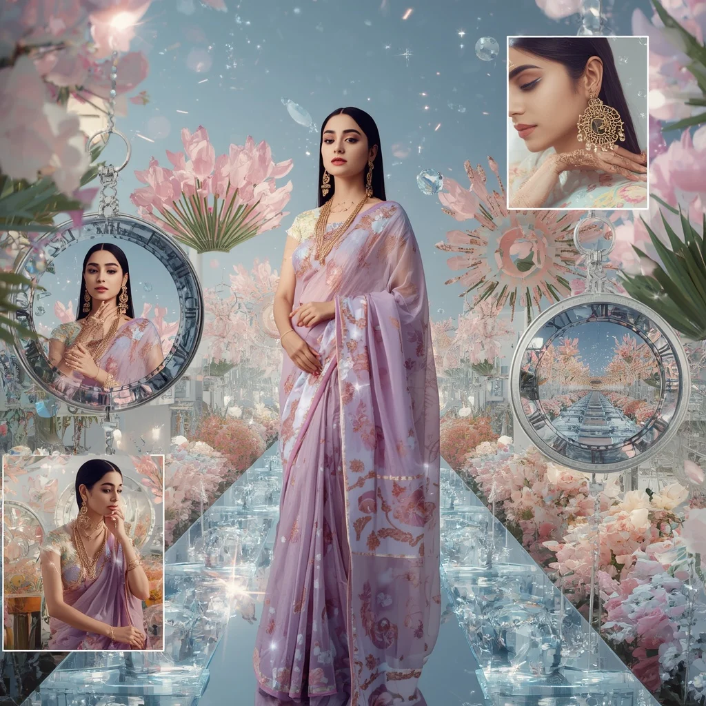 Festive Pastel Saree Floating Crystal Clockwork Garden Collage Premium Luxury Fashion | Woman Pose Ai Prompt
