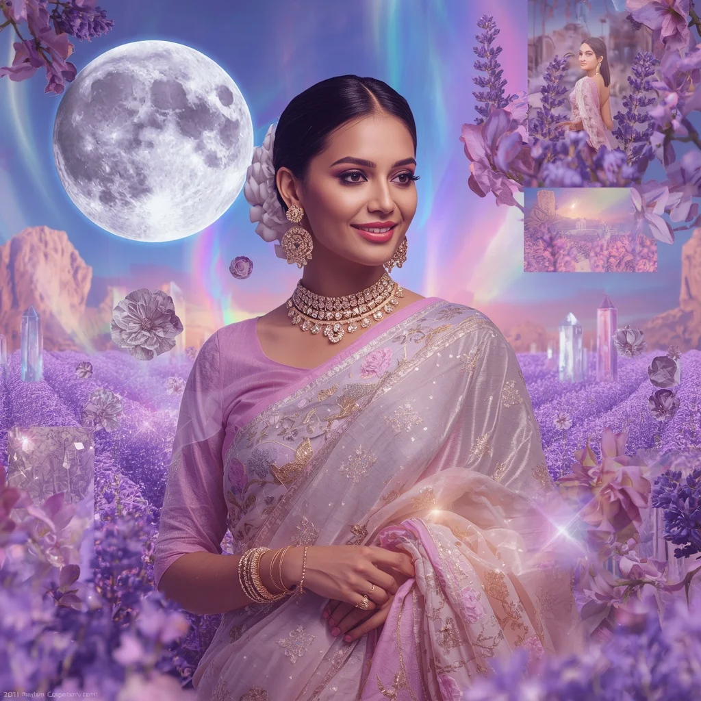 Festive Pastel Saree Floating Crystal Lavender Moon Realm Collage Luxury Editorial | Gemini Ai Prompt