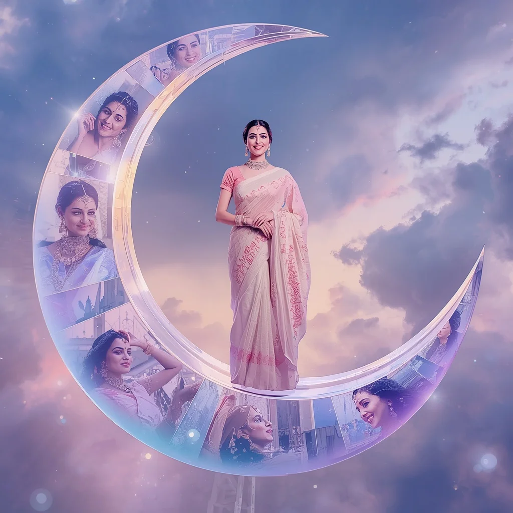 Festive Pastel Saree Floating Crystal Moon Bridge Collage Premium | Prompt For Girls Trending