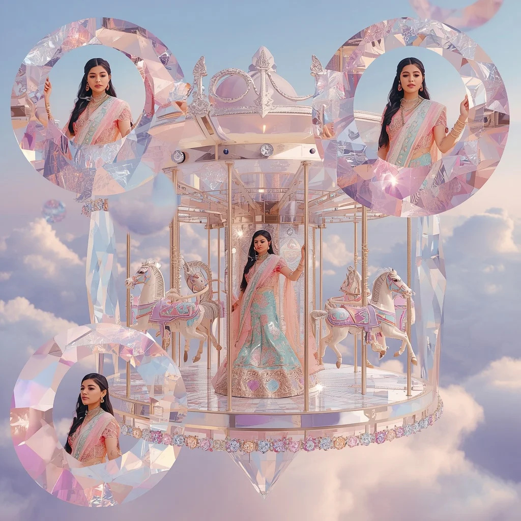 Festive Pastel Saree Floating Crystal Moon Carousel Collage Premium Luxury Editorial | Girl Photo Prompt Gemini