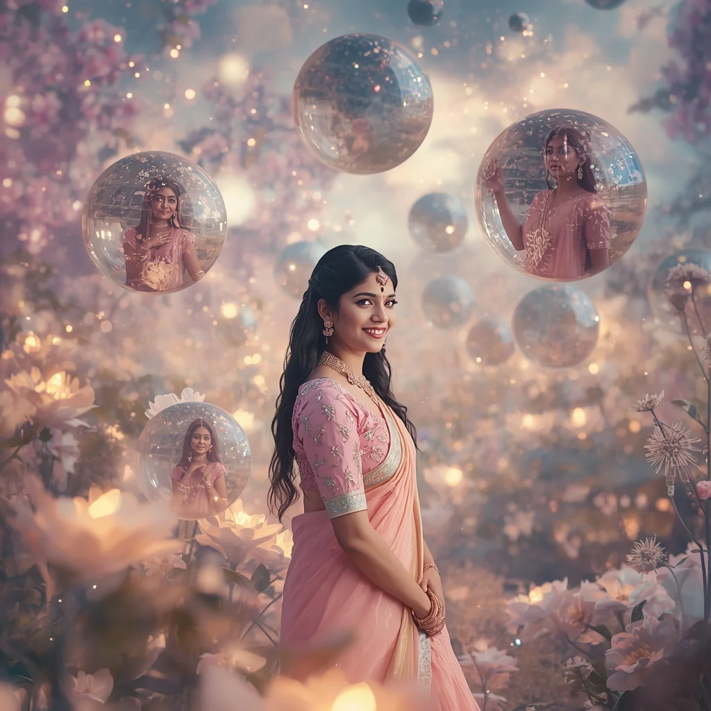 Festive Pastel Saree Floating Crystal Planet Garden Collage Cinematic | Prompt For Gemini AI Girl Style Trending Instagram