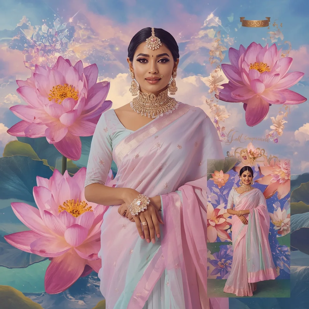 Festive Pastel Saree Floating Crystal Rainbow Lotus Paradise Collage Luxury Editorial | Realistic Ai Prompt
