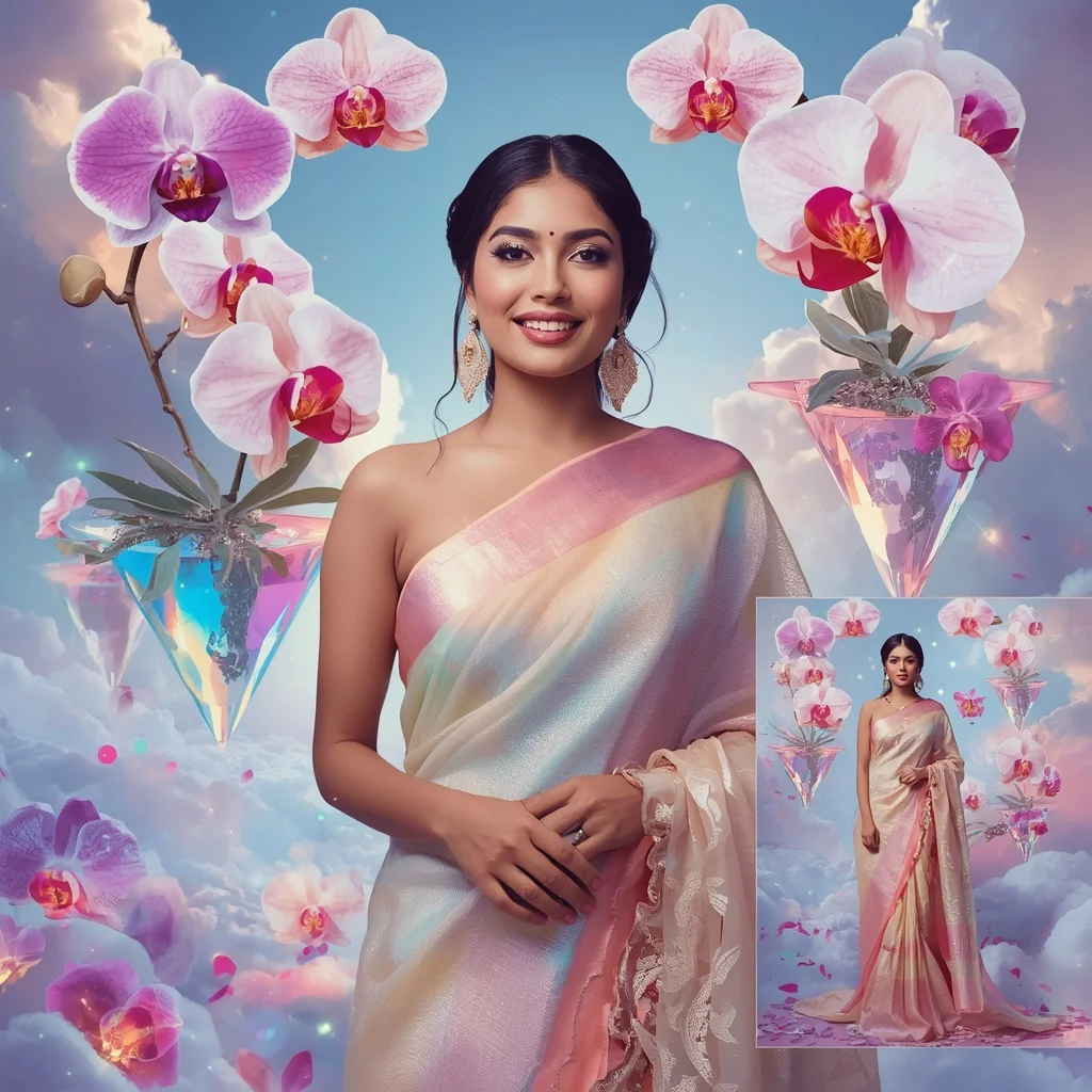 Festive Pastel Saree Floating Crystal Rainbow Orchid Realm Collage Luxury Editorial | Cinematic Ai Prompt