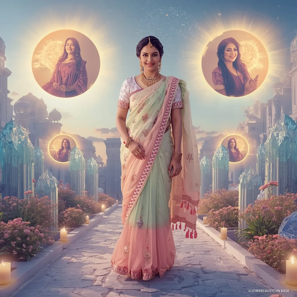 Festive Pastel Saree Floating Crystal Solar Kingdom Collage Premium | Woman Pose Ai Prompt