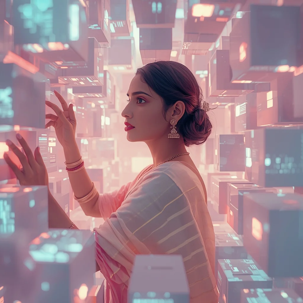 Festive Pastel Saree Floating Data Cubes | Indian Girl Digital Depth Cinematic Viral Prompt | Ai Image Generator Prompt Text