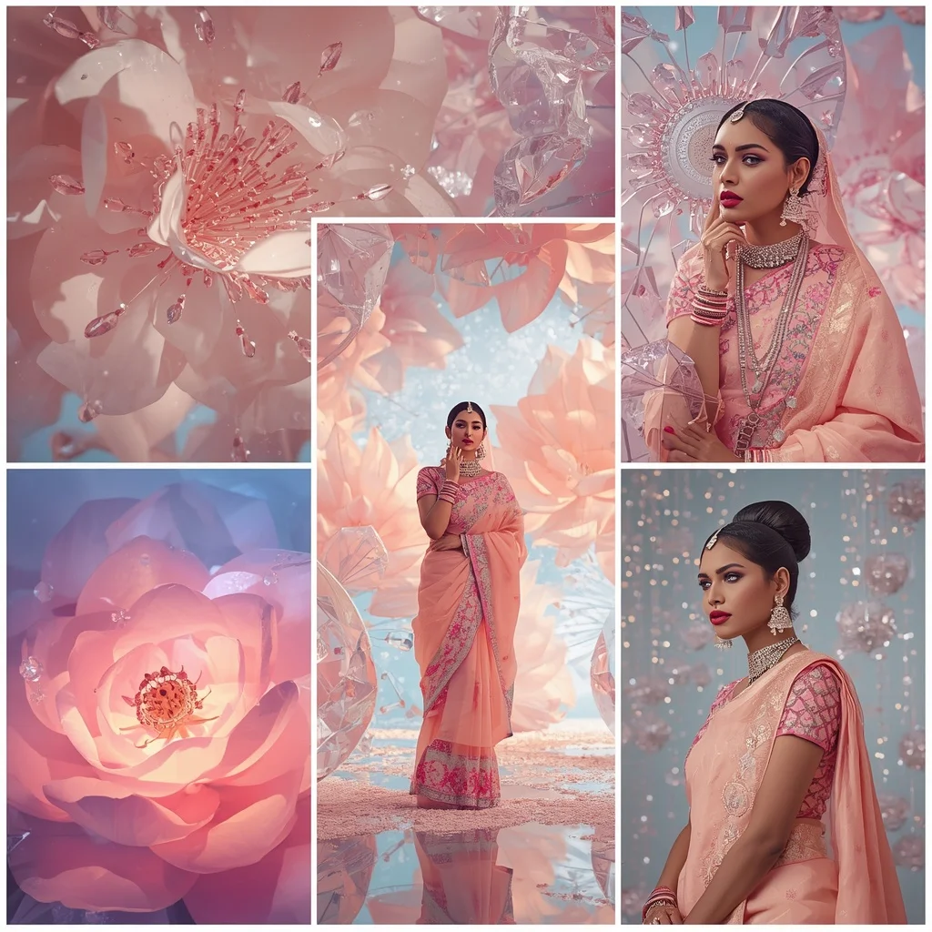 Festive Pastel Saree Floating Diamond Blossom Palace Collage Premium Editorial | Face Ai Prompt