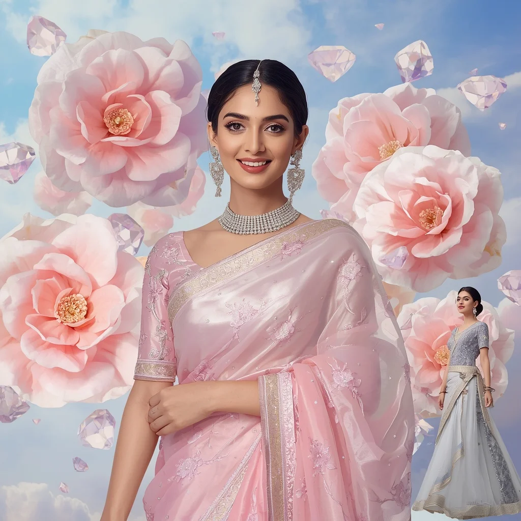 Festive Pastel Saree Floating Diamond Camellia Heaven Collage Luxury Editorial | Prompt Engineering