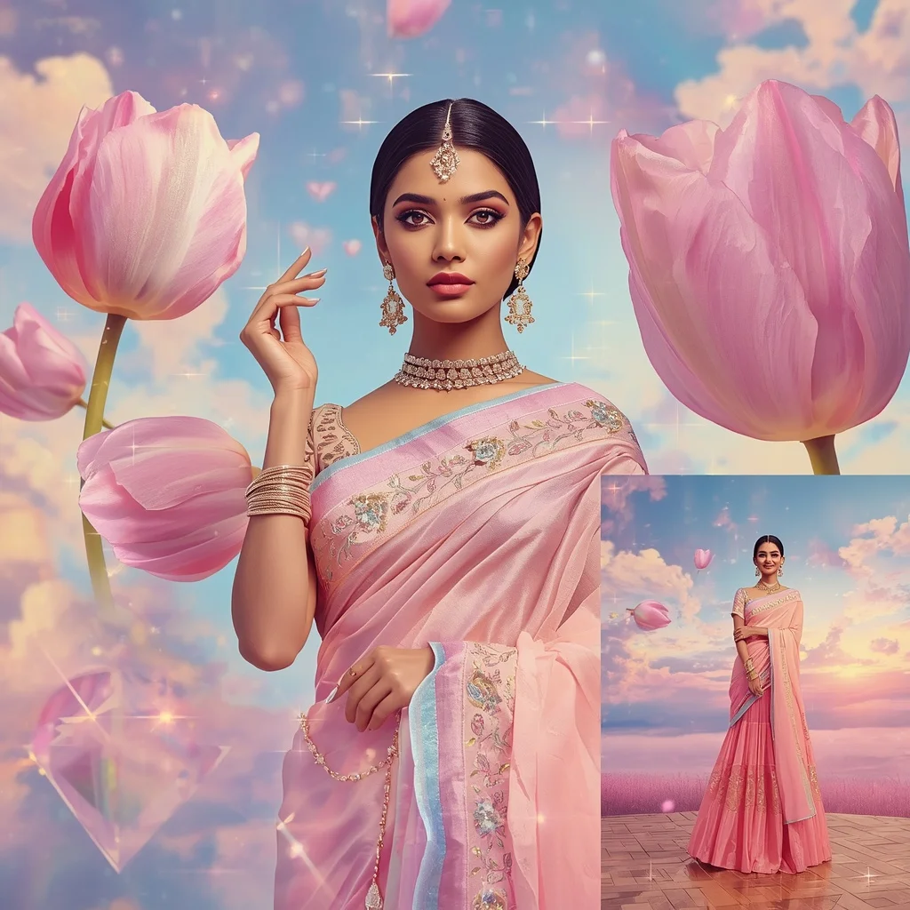 Festive Pastel Saree Floating Diamond Tulip Heaven Collage Luxury Editorial | Prompt For Traditional Look For Girl ChatGPT