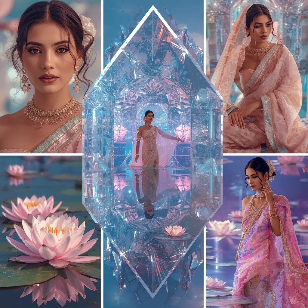 Festive Pastel Saree Floating Diamond Water Lily Palace Collage Luxury Fashion | Indian Girl Ai Prompt