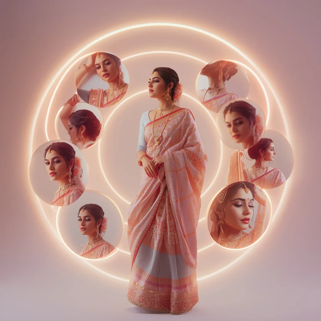 Festive Pastel Saree Floating Glow Orbital Wave Rings Collage Modern Cinematic | Saree Prompt For Gemini Girl In English