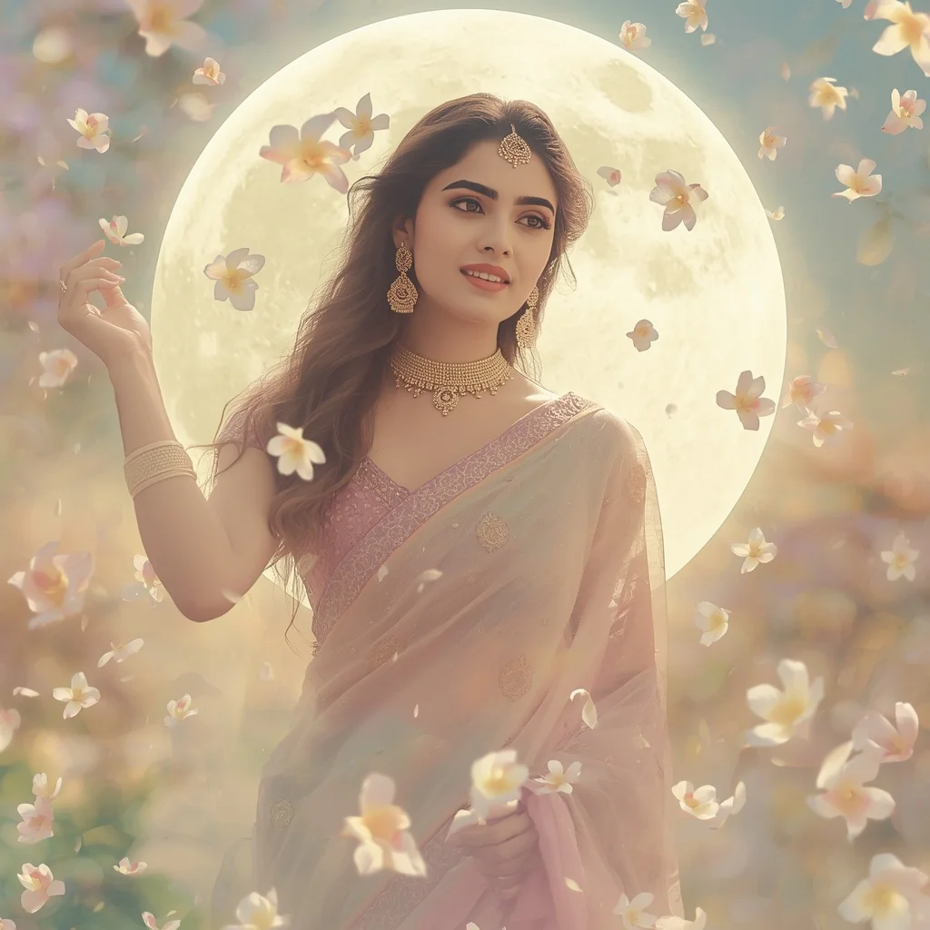 Festive Pastel Saree Floating Jasmine Moon Realm Collage Cinematic | Instagram Post Ai Prompt