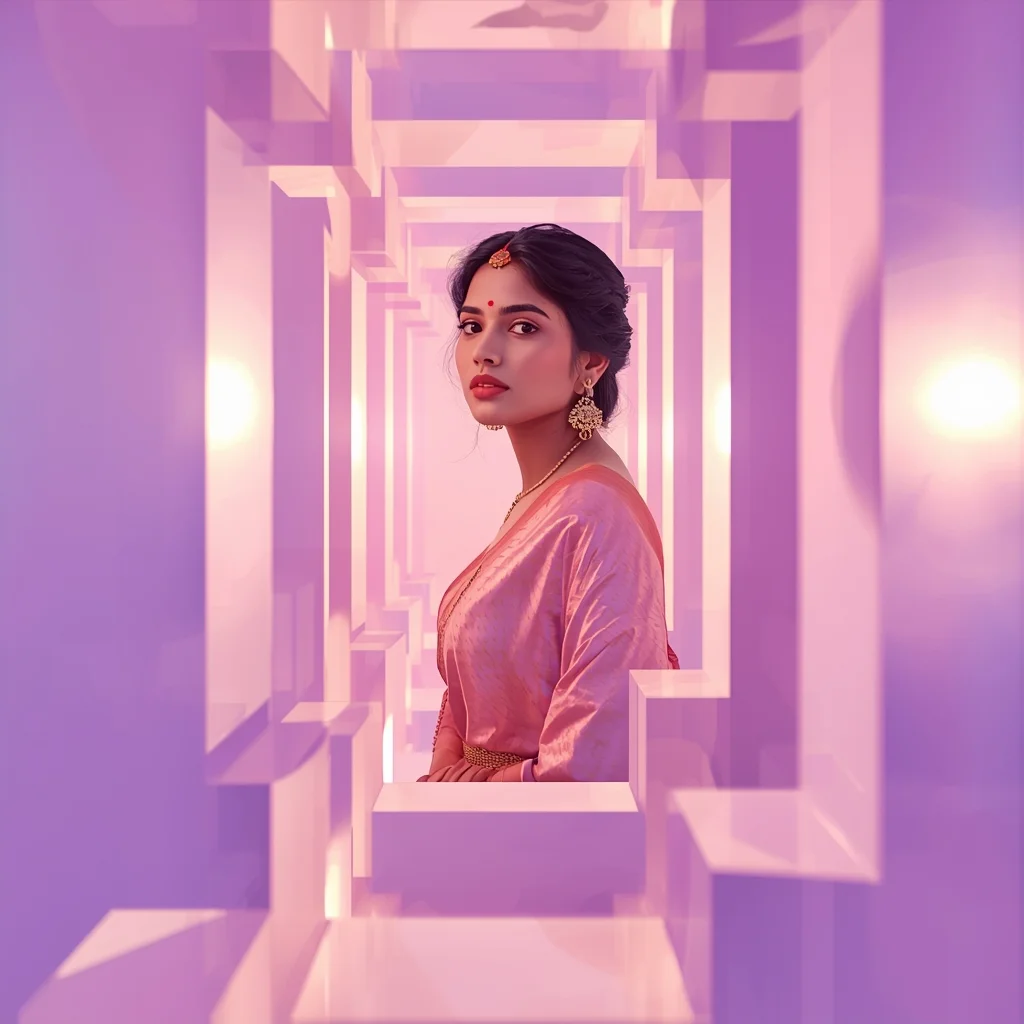 Festive Pastel Saree Floating Light Blocks Prompt with Layered Structure and Cinematic Glow Depth | Best Ai Prompts For Realistic Photos