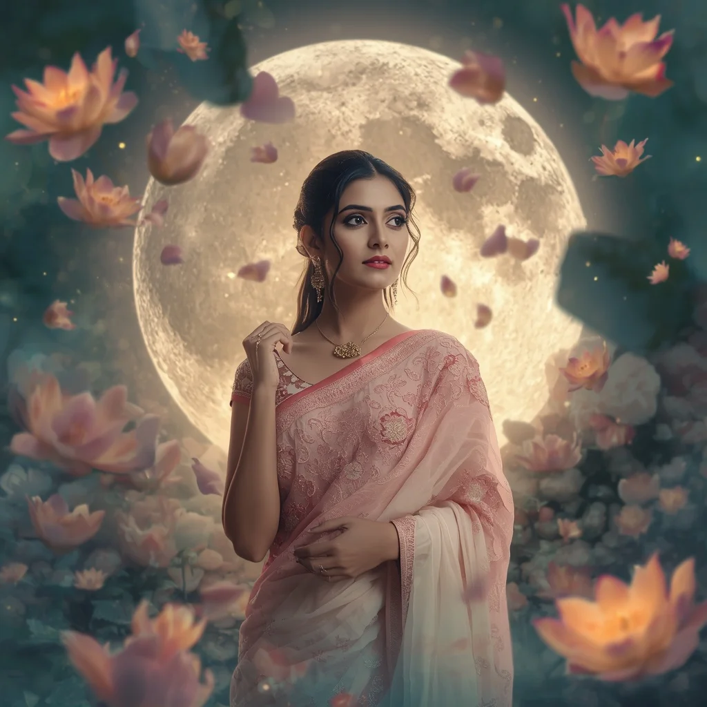 Festive Pastel Saree Floating Lily Moon Sanctuary Collage Cinematic | Gemini Photo Editing Prompt