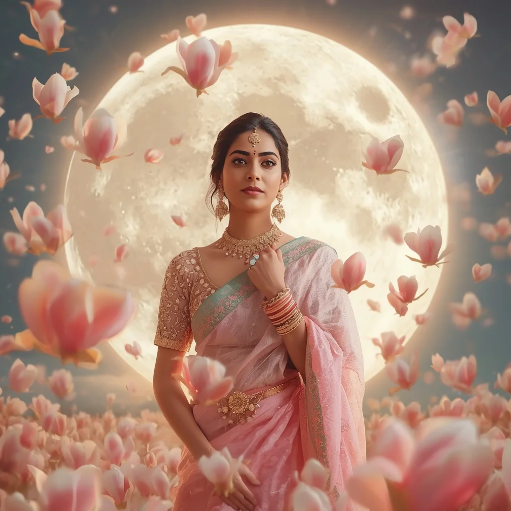 Festive Pastel Saree Floating Magnolia Moon Empire Collage Cinematic | Photo Prompt