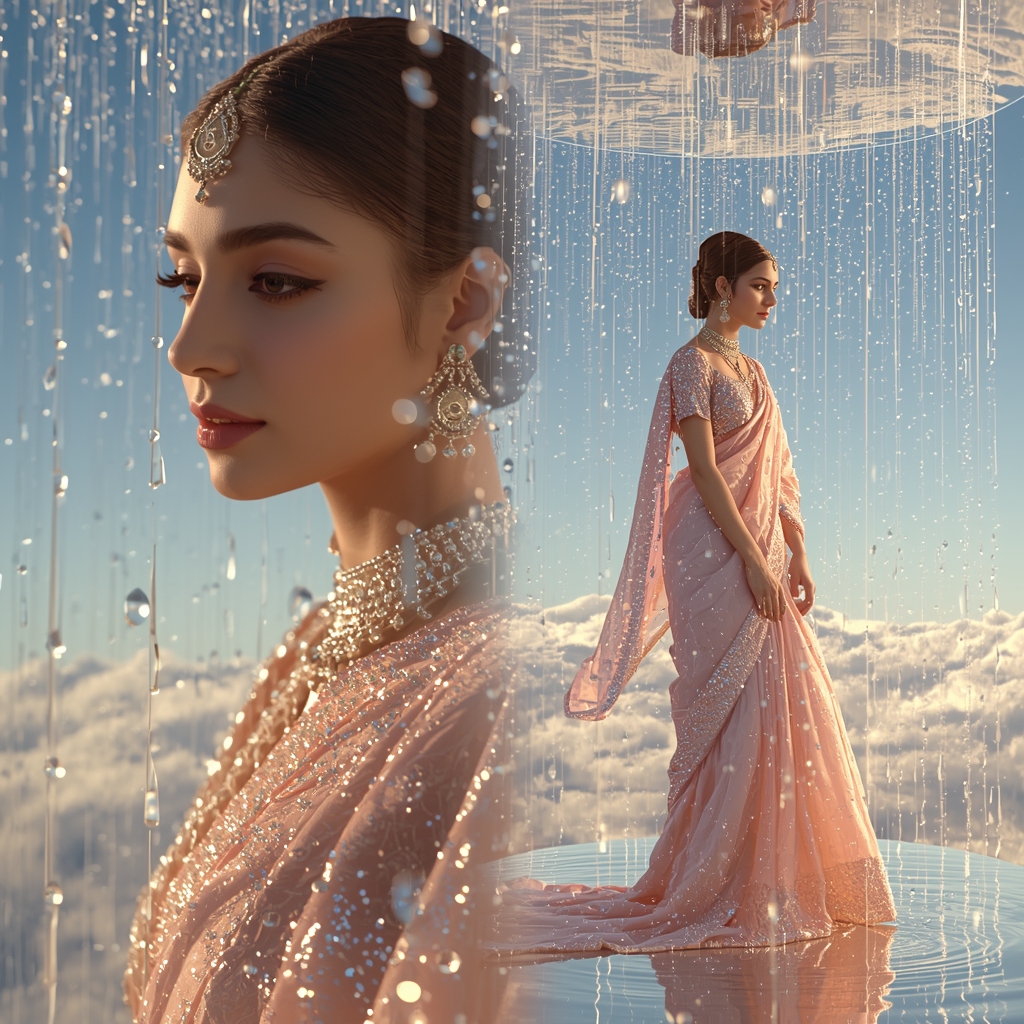 Festive Pastel Saree Floating Mirror Island Crystal Rain Collage | Sky Reflection Prompt | Saree Traditional Ai Prompt Indian Culture