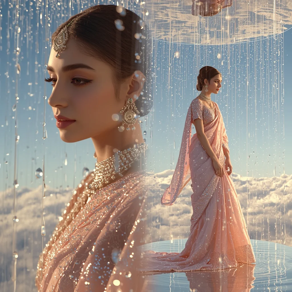 Festive Pastel Saree Floating Mirror Island Crystal Rain Collage | Sky Reflection Prompt | Saree Traditional Ai Prompt Indian Culture