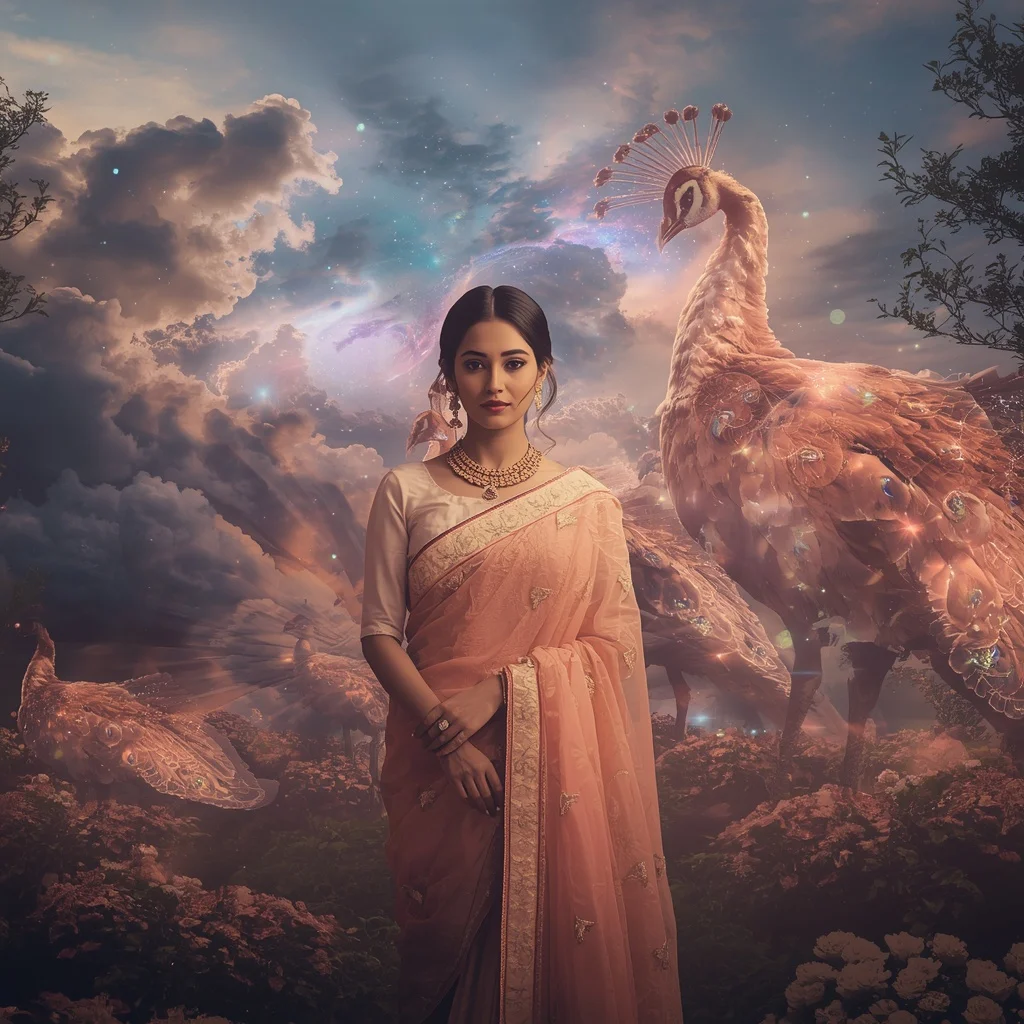 Festive Pastel Saree Floating Nebula Peacock Garden Collage | Gemini Photo Prompt