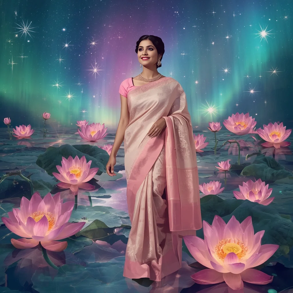 Festive Pastel Saree Floating Opal Lotus Aurora Galaxy Collage Luxury Fashion | Female Model Ai Prompt