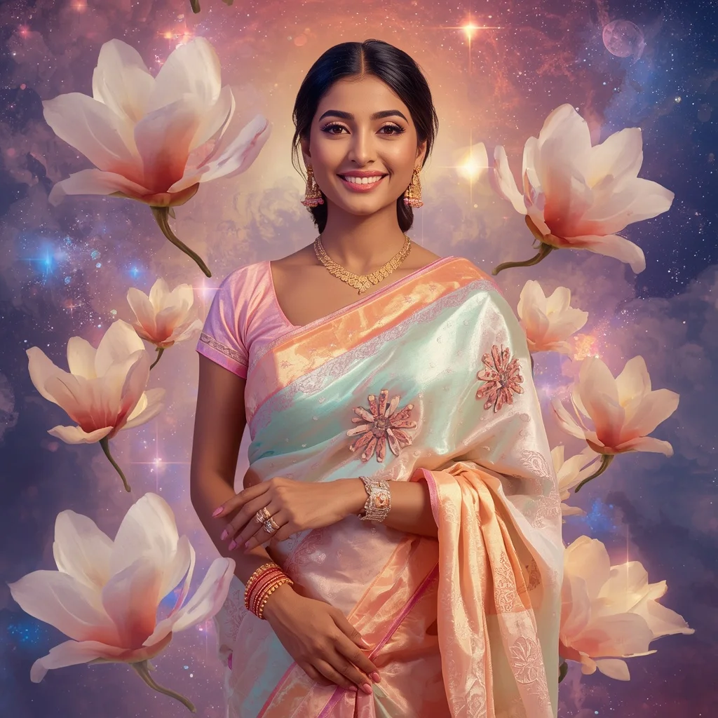 Festive Pastel Saree Floating Opal Magnolia Galaxy Dreamscape Collage Luxury Fashion | Instagram Prompt For Traditional Look For Girl