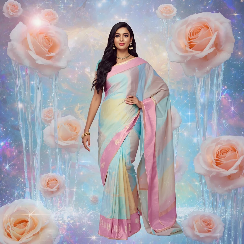 Festive Pastel Saree Floating Opal Rose Waterfall Galaxy Collage Luxury Fashion | Prompt For Gemini AI Girl