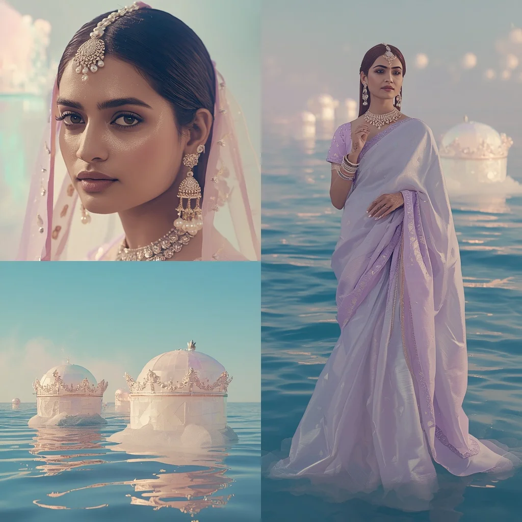Festive Pastel Saree Floating Opaline Crown Ocean Collage | Selfie Prompt