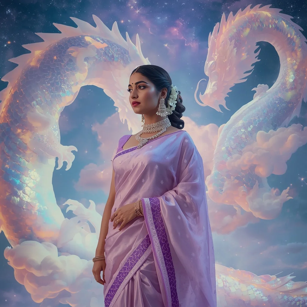 Festive Pastel Saree Floating Opaline Dragon Constellation Collage | Desi Girl Ai Prompt