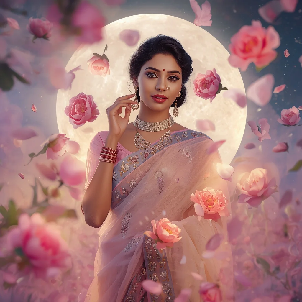 Festive Pastel Saree Floating Peony Moon Sanctuary Collage Cinematic | Instagram Reel Ai Prompt