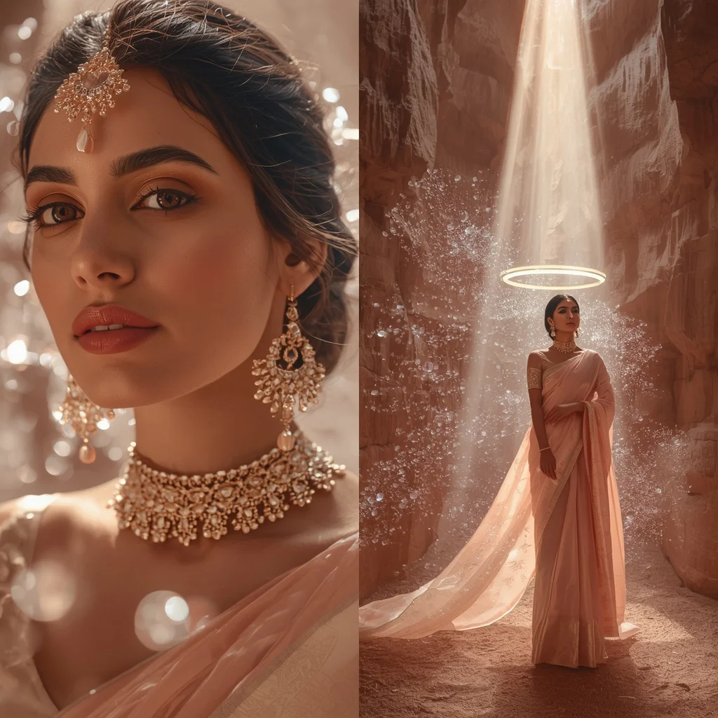 Festive Pastel Saree Floating Quartz Halo Canyon Collage | Prompt Seen Girl Photo Editing Trending