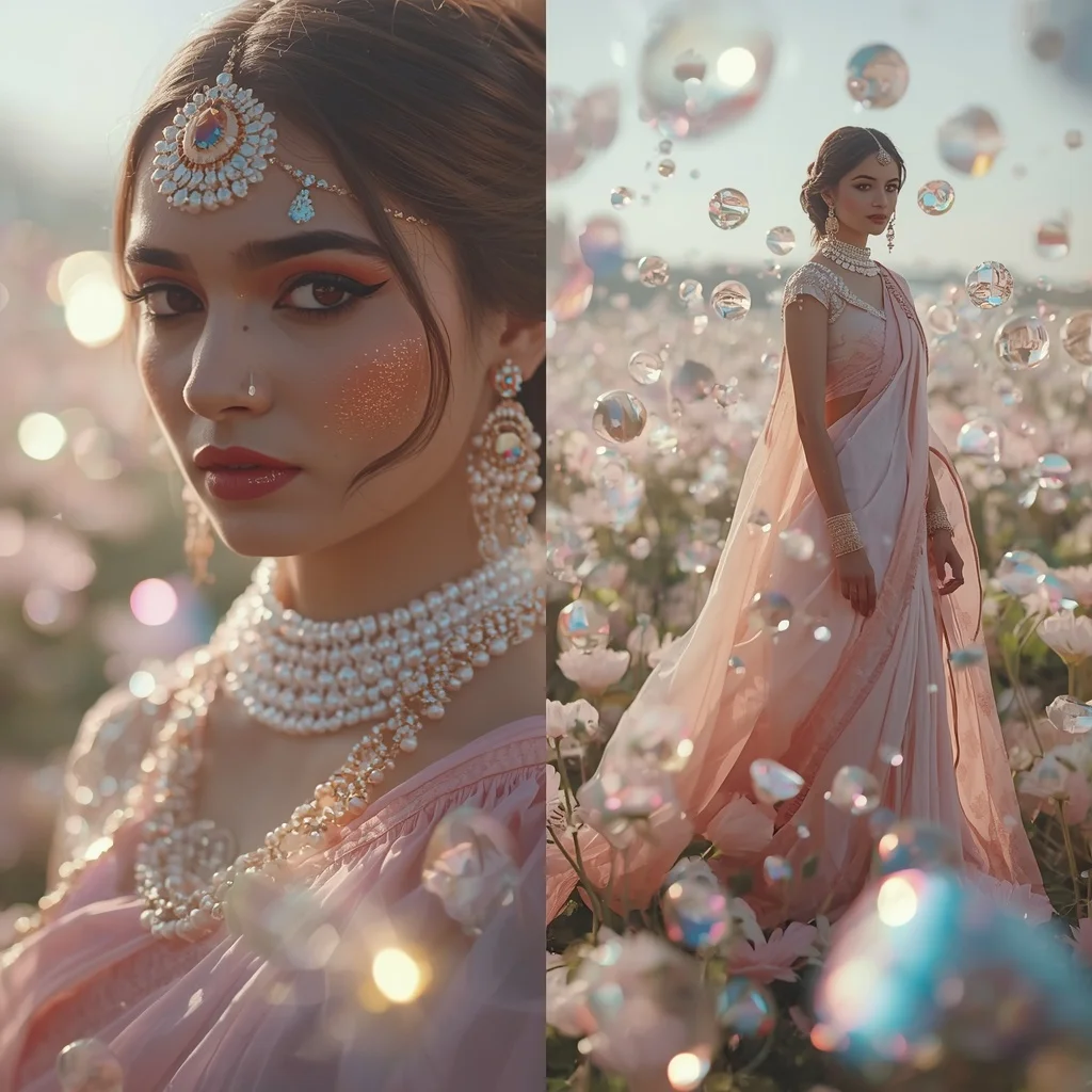 Festive Pastel Saree Floating Quartz Planet Bloom Collage | Desi Girl Ai Prompt