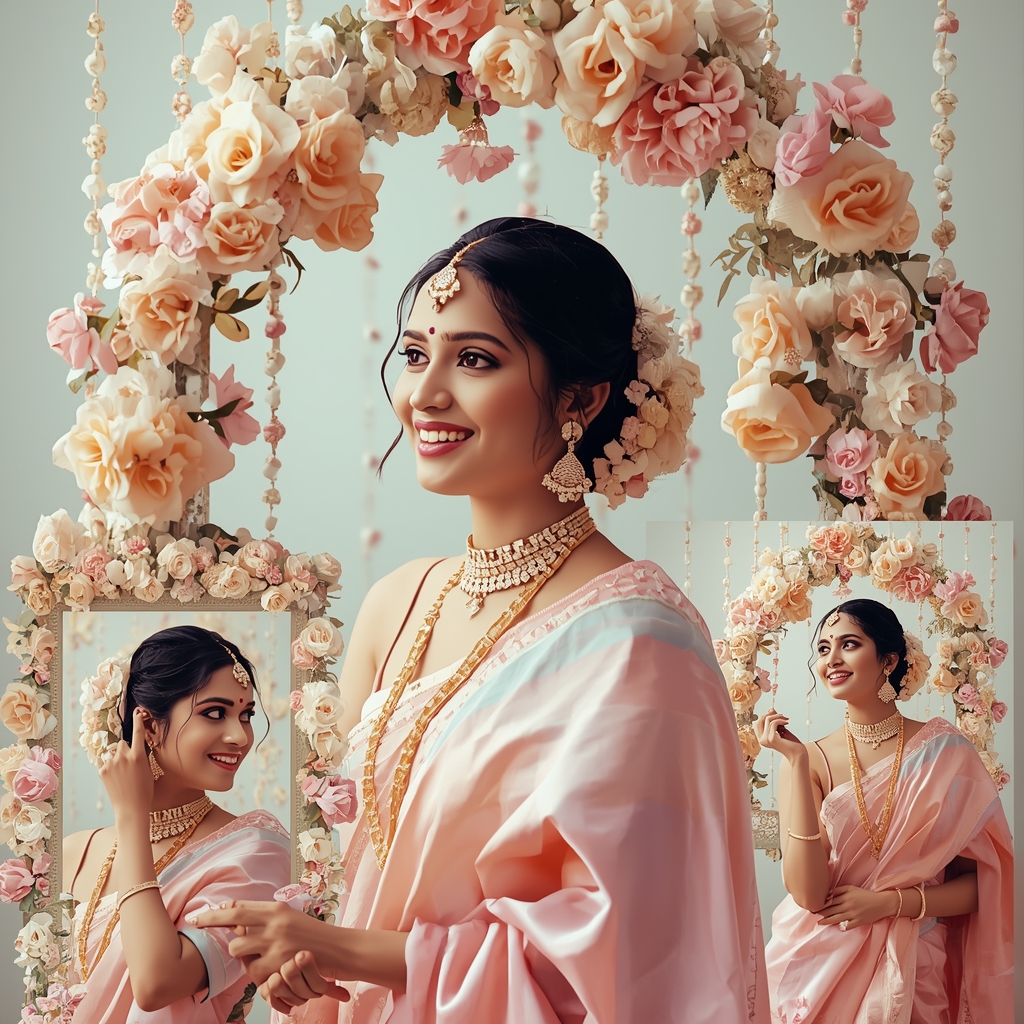 Festive Pastel Saree Floral Chain Arch Collage | Indian Girl Decorative Frame Aesthetic Soft Cinematic Viral Prompt | Image To Prompt