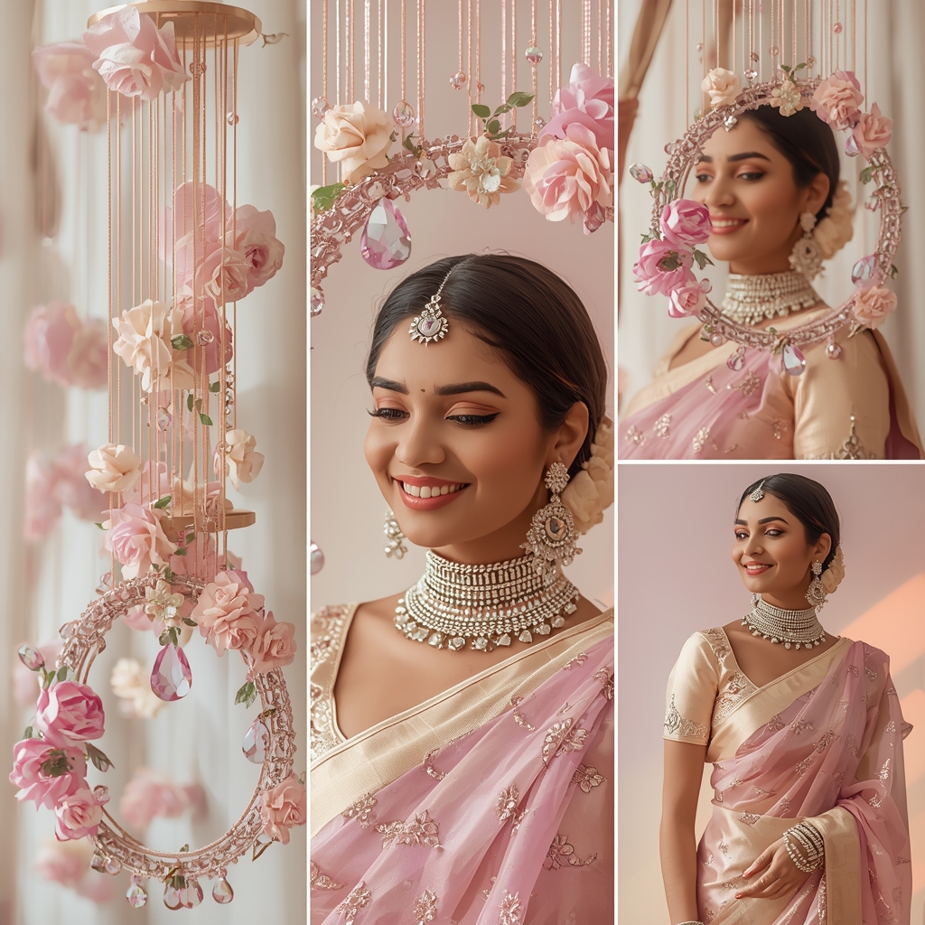 Festive Pastel Saree Floral Crystal Ring Collage | Indian Girl Decorative Frame Aesthetic Soft Cinematic Viral Prompt | Saree Prompt For Girls