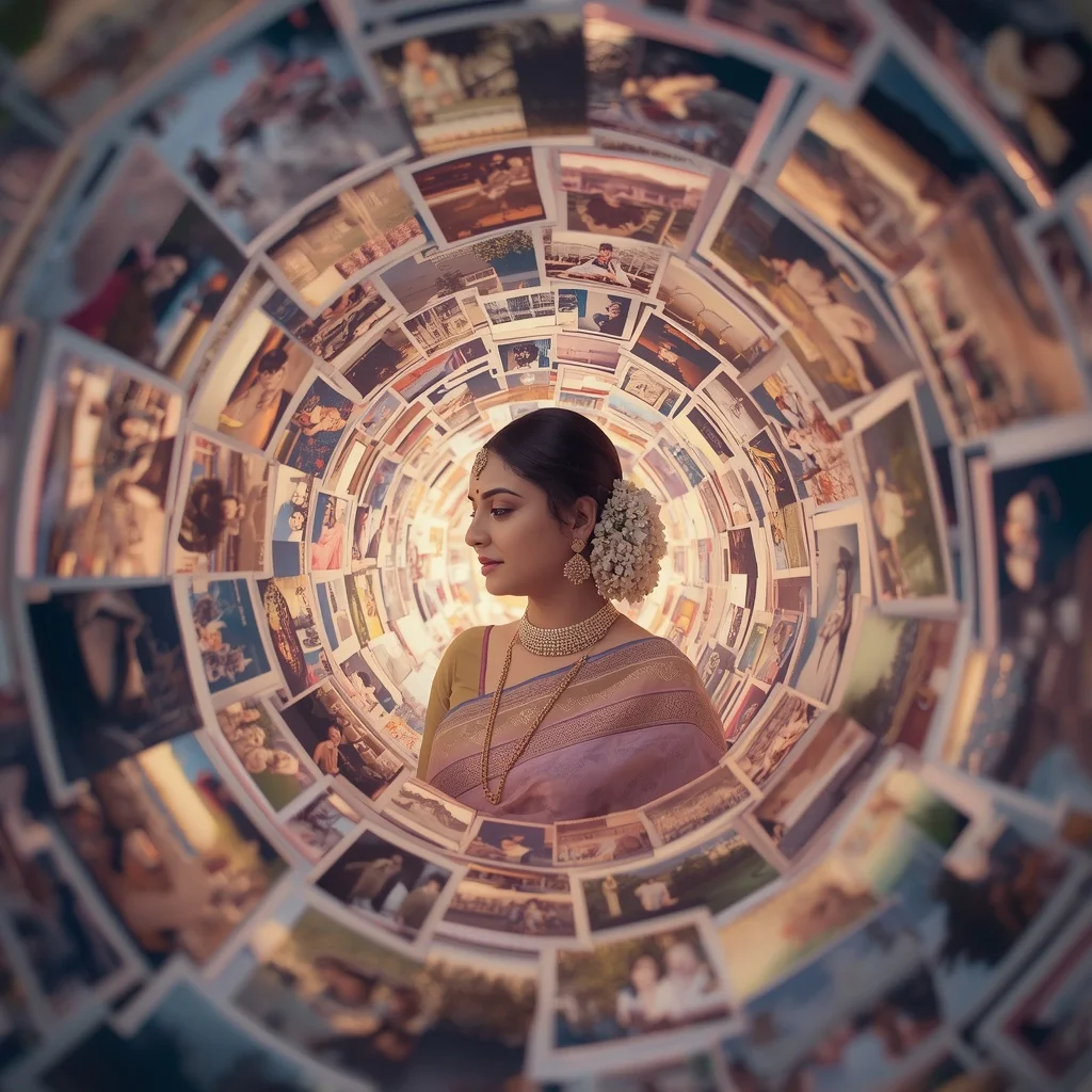 Festive Pastel Saree Fragmented Memory Photograph Void Collage | Woman Pose Ai Prompt