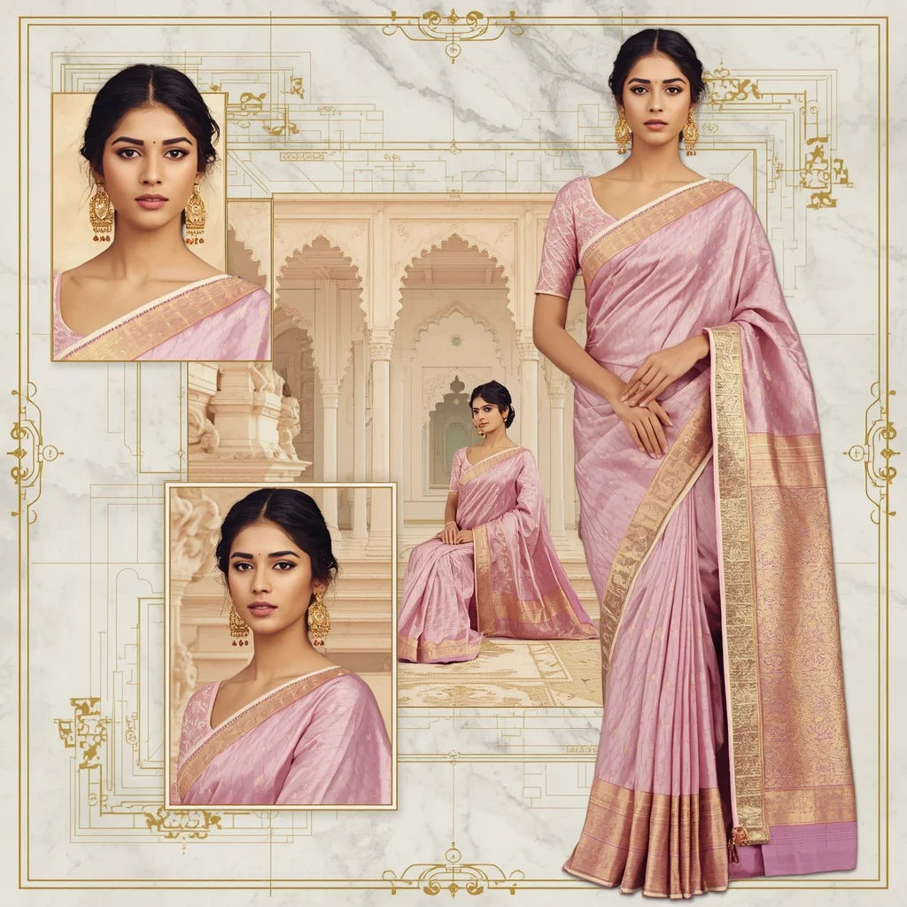 Festive Pastel Saree Gilded Marble blueprint schematic collage Modern Cinematic