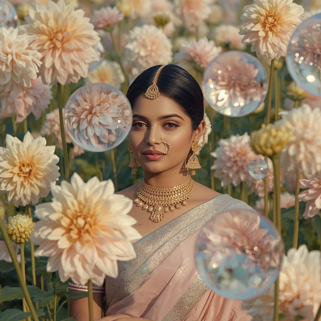 Festive Pastel Saree Glass Dahlia Reflection Field Collage Premium Cinematic | Prompt Seen Horror Girl