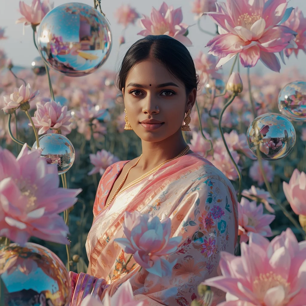 Festive Pastel Saree Glass Gardenia Reflection Field Collage Premium Cinematic | Ideogram Ai Prompt