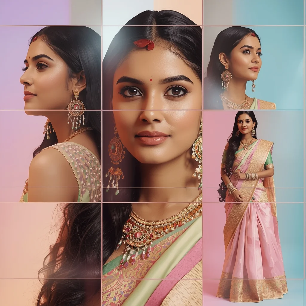 Festive Pastel Saree Glass Grid Collage | Indian Girl Luxury Panel Frame Aesthetic Soft Cinematic Viral Prompt | Saree Look Ai Prompt Modern Style