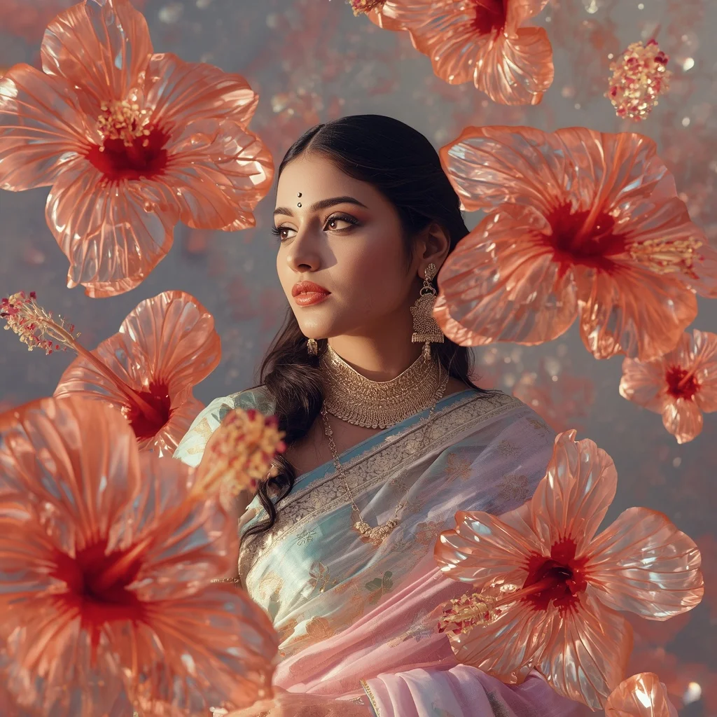 Festive Pastel Saree Glass Hibiscus Reflection Field Collage Premium Cinematic | Desi Girl Ai Prompt