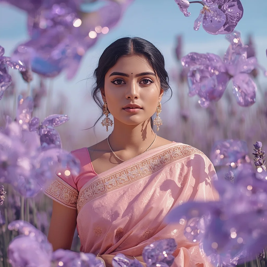 Festive Pastel Saree Glass Lavender Reflection Field Collage Premium Cinematic | South Indian Prompt For Girl ChatGPT