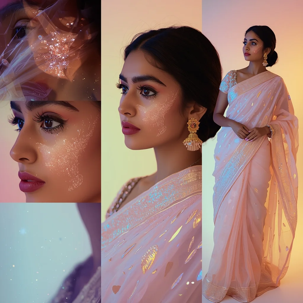 Festive Pastel Saree Glitter Reflection Collage | Indian Girl Sparkle Mirror Aesthetic Soft Cinematic Viral Prompt | Gemini Saree Prompt For Instagram