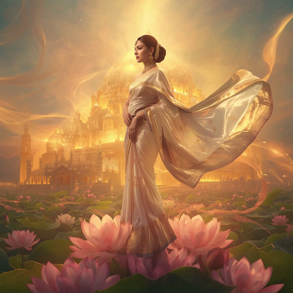 Festive Pastel Saree Golden Aurora Lotus Citadel Collage | Ai Girl Image Prompt