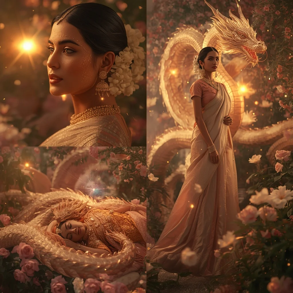 Festive Pastel Saree Golden Nebula Dragon Garden Collage | Prompt Ai For Girl Instagram