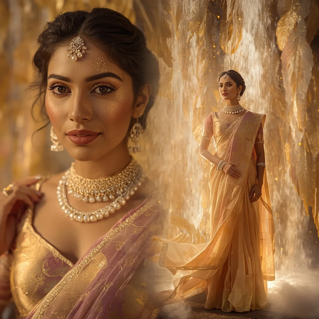 Festive Pastel Saree Golden Nebula Feather Waterfalls Collage | Woman Pose Ai Prompt