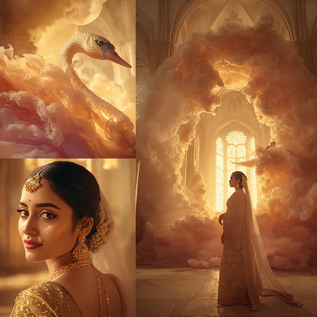 Festive Pastel Saree Golden Nebula Swan Cathedral Collage | Prompt Image
