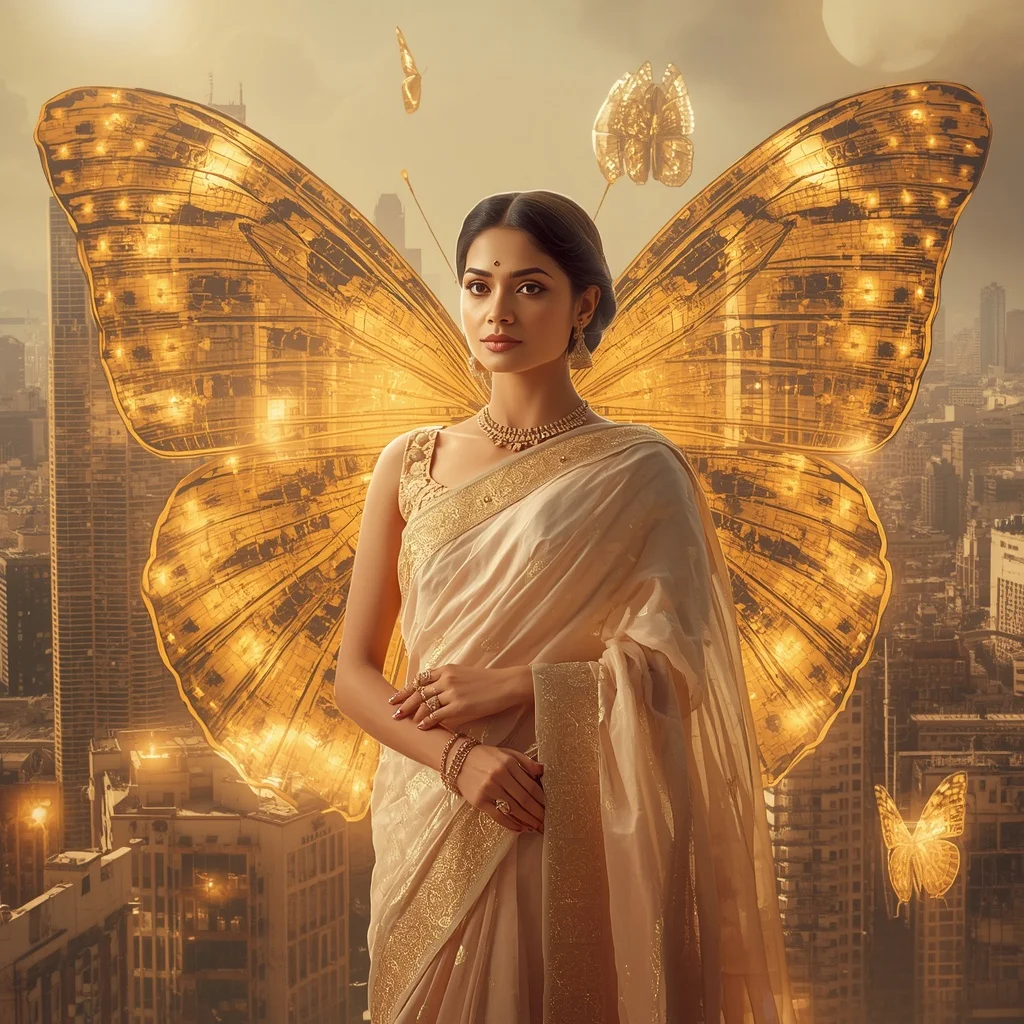 Festive Pastel Saree Golden Solar Butterfly Megacity Collage | Prompt Generator
