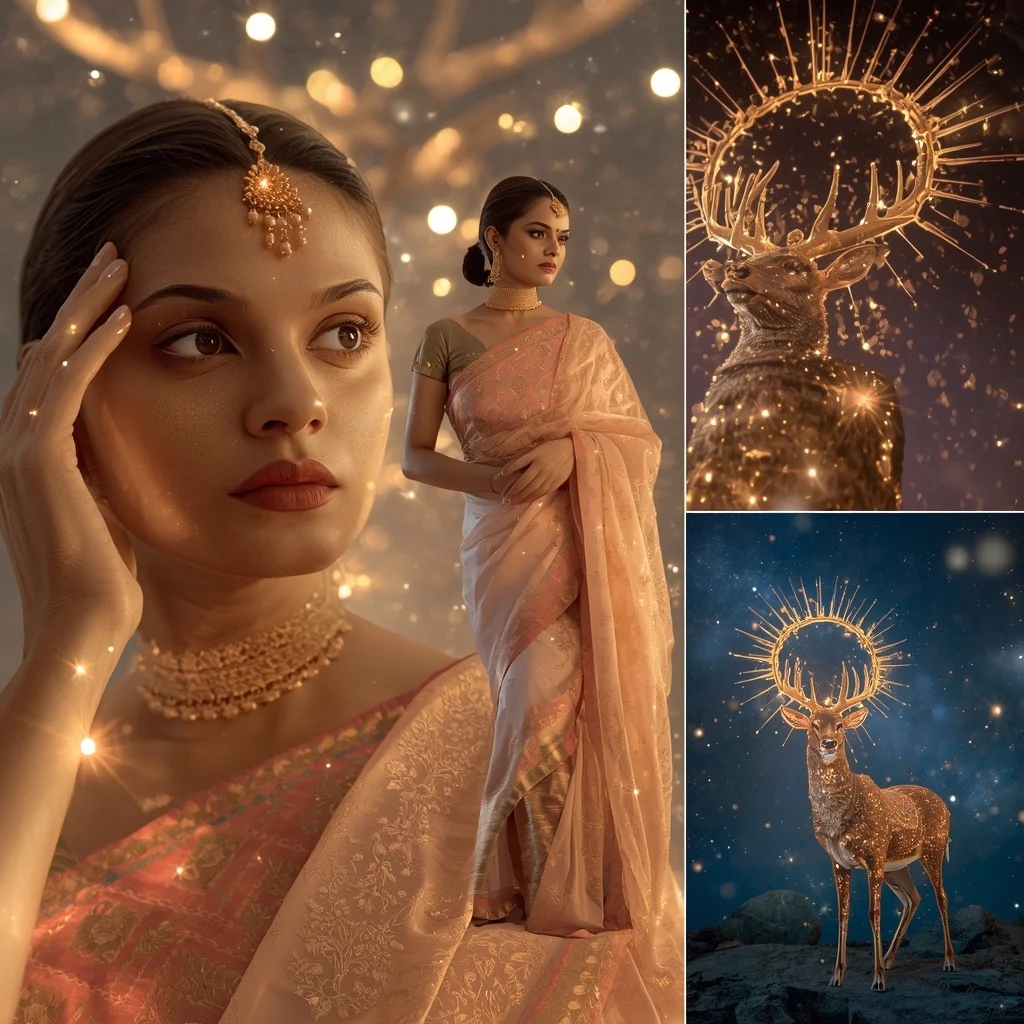 Festive Pastel Saree Golden Solar Deer Constellation Collage | Instagram Viral Photo Prompt